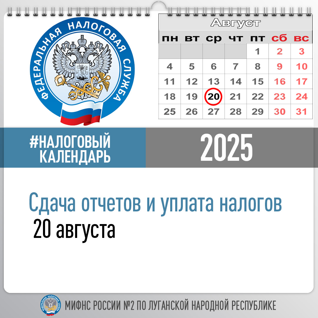 Специалисты Межрайонной ИФНС России №2 по ЛНР напоминают сроки сдачи отчетов и уплаты налогов 20 августа 2025
